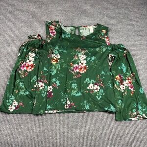 HM Shirt Womens L Green Floral Cold Shoulder Long Sleeve Blouse Keyhole Back Top
